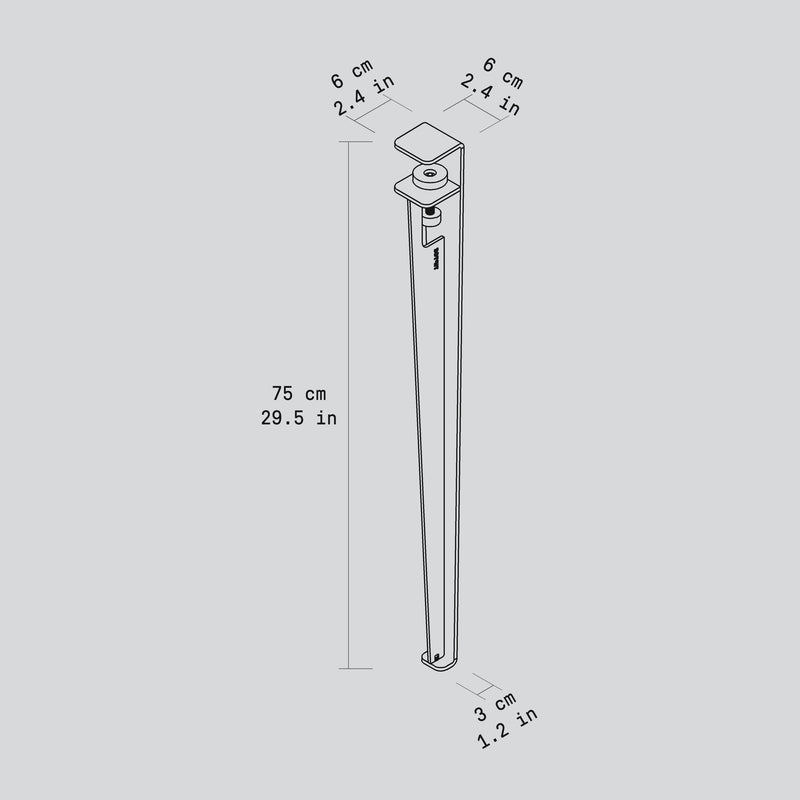 Table leg 75 cm / 29.5 in: 6 x 6 x 75 cm (2.4 x 2.4 x 29.5 in), foot 3 cm (1.2 in)