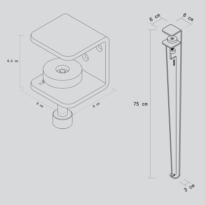 Dimensions du pied 75 cm et de l'accroche BRACKET