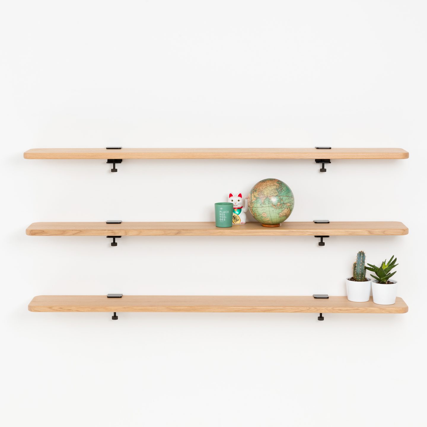 Set of 3 BRACKET wall shelves - solid oak - 60 to 150cm