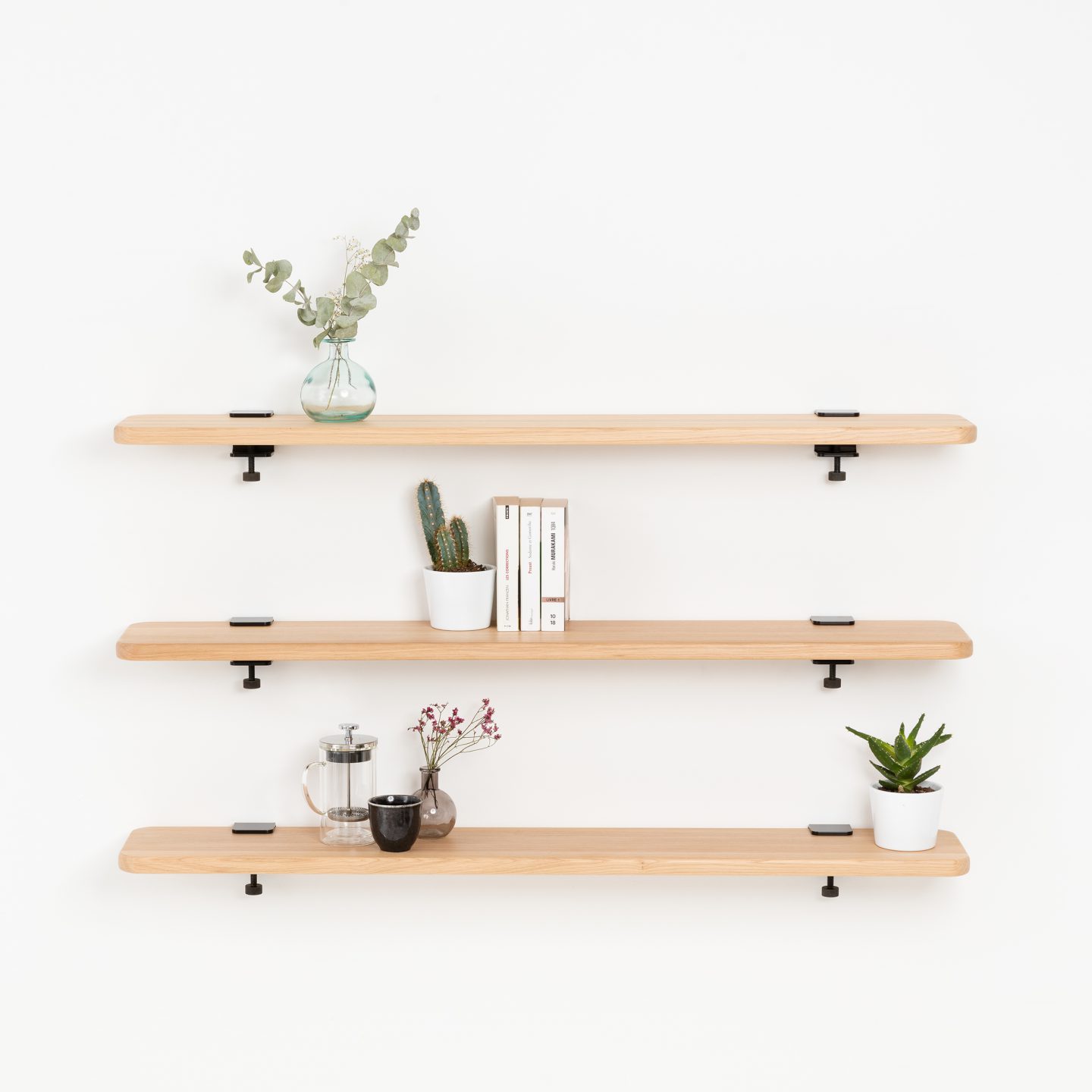 Set of 3 BRACKET wall shelves - solid oak - 60 to 150cm
