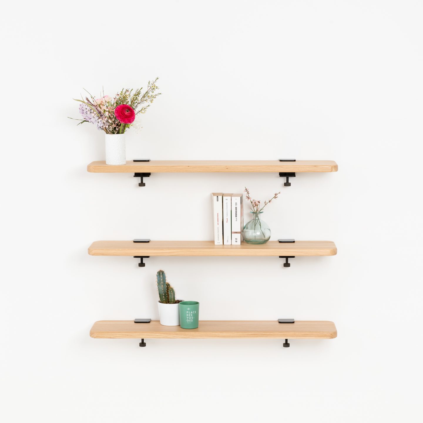 Set of 3 BRACKET wall shelves - solid oak - 60 to 150cm