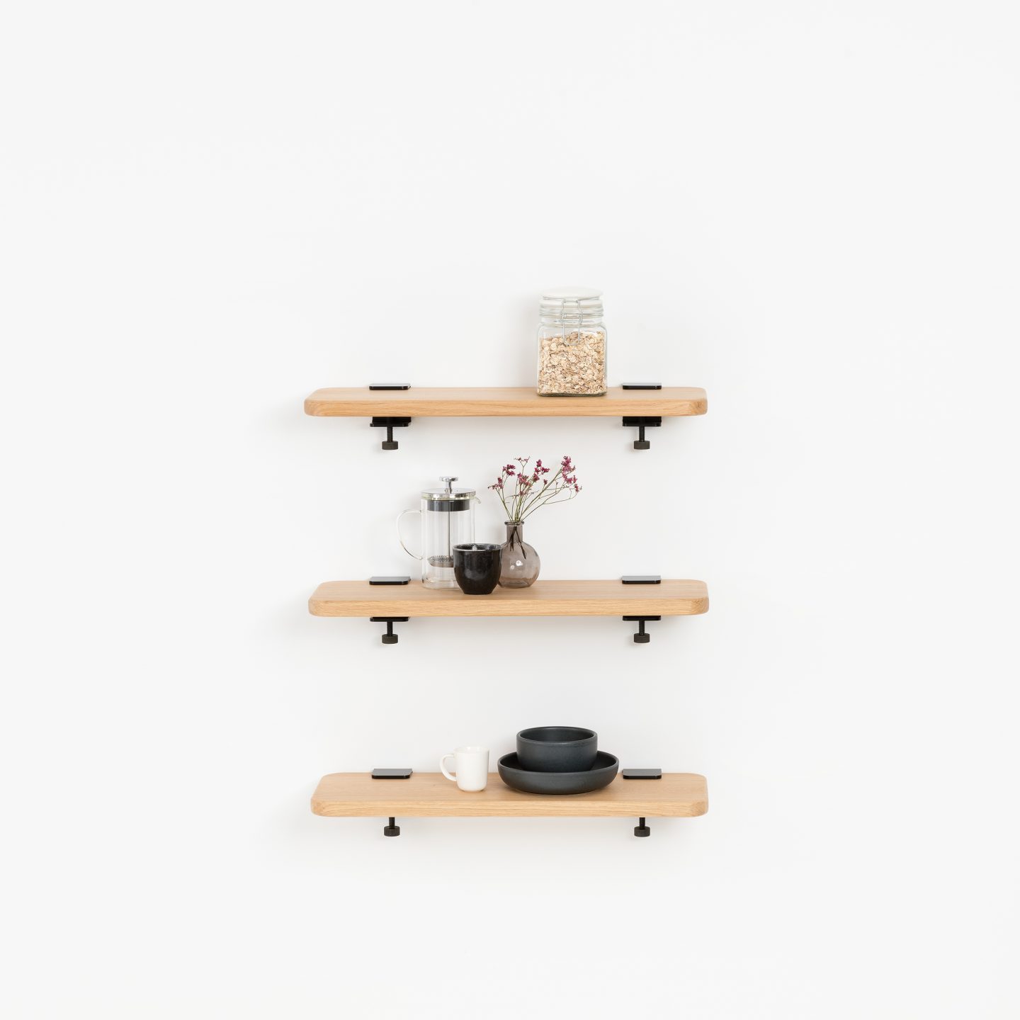 Set of 3 BRACKET wall shelves - solid oak - 60 to 150cm