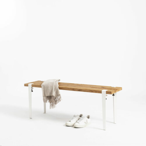 Banc avec pieds en acier blanc et en bois ancien recyclé TIPTOE