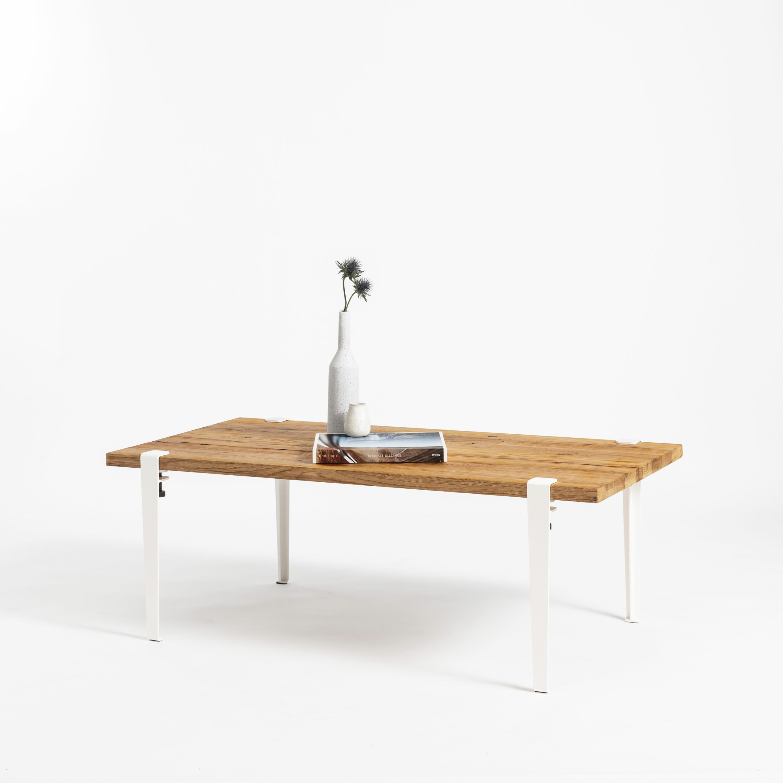 Old wood coffee table and white steel legs TIPTOE