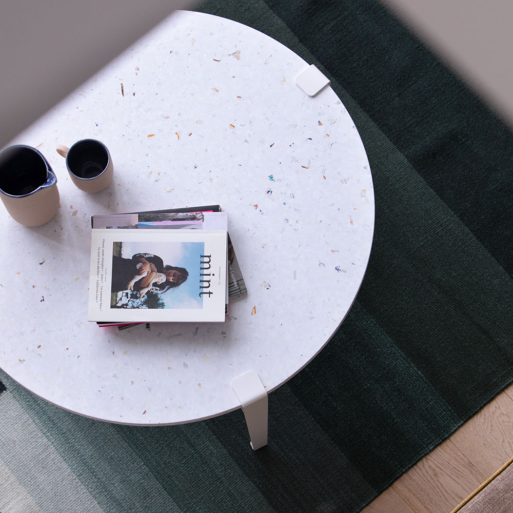 White recycled plastic coffee table with white steel legs